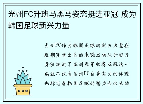 光州FC升班马黑马姿态挺进亚冠 成为韩国足球新兴力量 光州FC升班马黑马姿态挺进亚冠 成为韩国足球新兴力量