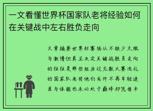 一文看懂世界杯国家队老将经验如何在关键战中左右胜负走向 一文看懂世界杯国家队老将经验如何在关键战中左右胜负走向